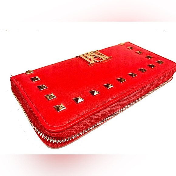 Badgley Mischka Red Large Zip around Wallet - Glam Gold Studs & Hardware! - Picture 3 of 7